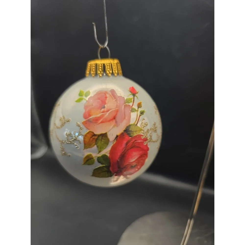 Krebs Christmas Glass Ornament West Germany Roses Gold Glitter Floral Vintage